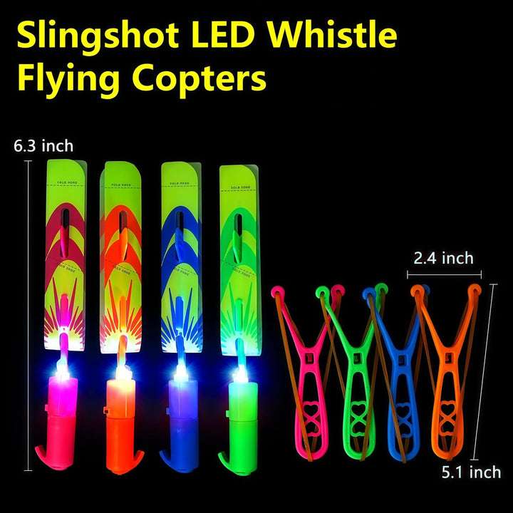25 Packs LED Flying Toys Set with Whistle,25 Rocket Slingshot+25 Glow Arrow Helicopter for Summer Outdoor Camping Toys Game LED Slingshot Toy for Kids Glow in the Dark Party Supplies 8-12,4-8