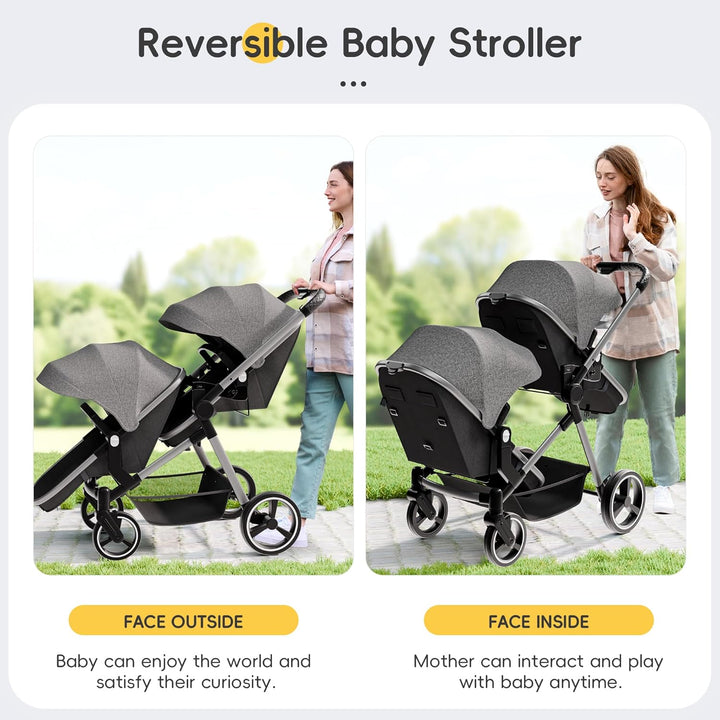 Double Stroller, Foldable Twin Tandem Stroller with Adjustable Backrest, Reversible Seat, 5-Point Harness, Storage Basket, Convertible Baby Bassinet for Infant and Toddler, Gray