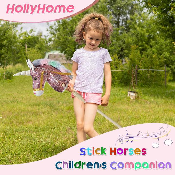 Sequin Unicorn Stick Horse Handcrafted Hobby Horse on a Stick with Wood Wheels Real Pony Neighing and Galloping Sounds Plush Unicorn Toy Pink 36 Inches(Aa Batteries Required)