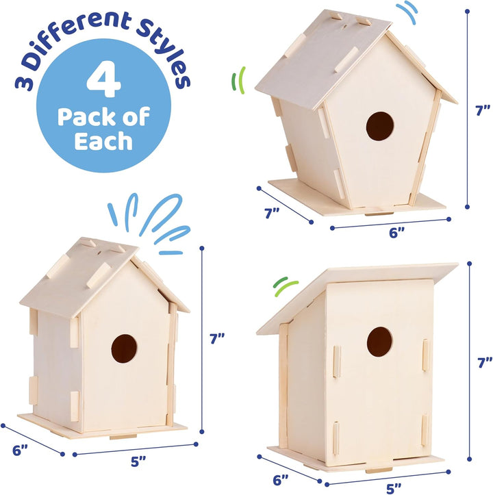 DIY 12 Wooden Bird House Kits - Creative Arts and Crafts Set for Kids and Adults - Unfinished Wood Birdhouses with Paint Strips, Brushes, Stickers and Strings - 3 Unique Shapes, 2 Sizes