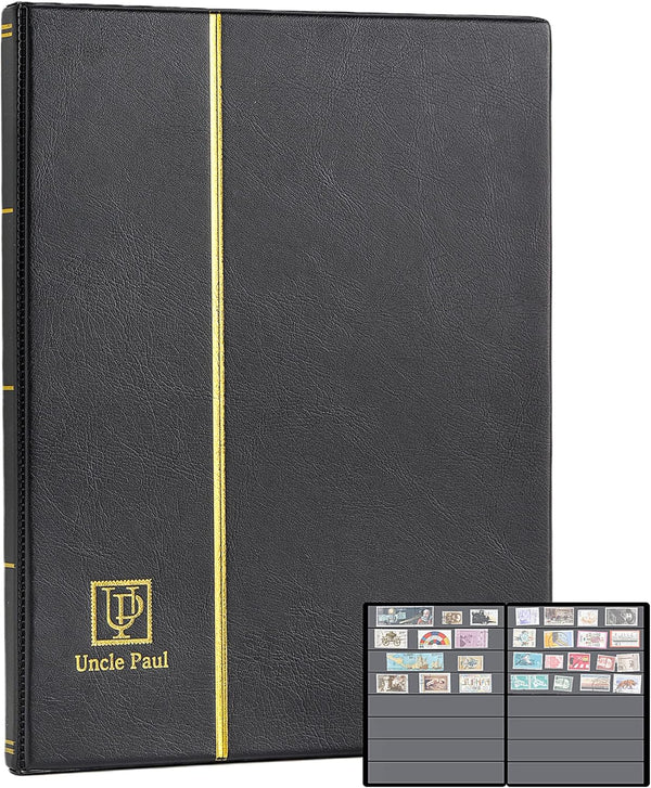 Stamp Albums 160 Pockets - Stockbooks with 30X197Mm Sleeves, 10 Double Sided Black Page with Leatherette Padded Black Cover, Collection Storage Folder for Paper Money Postage Stamps AS0108BK