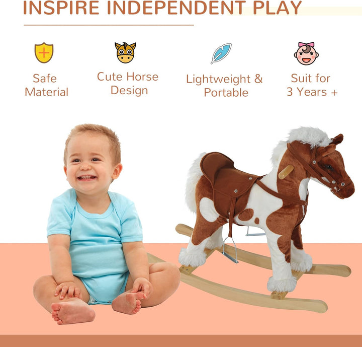 Wooden Toddler Rocking Horse, Kids Plush Ride on Horse Toy Animal Rocker with Nursery Rhyme Music Brown