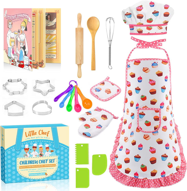 Birthday Gifts for 3-8 Year Old Girls Cute Stuff Apron for Girls Kids Cooking Sets Toddler Toys Kids Chef Hat and Apron Easter Christmas Stocking Stuffers White-With Cookbook