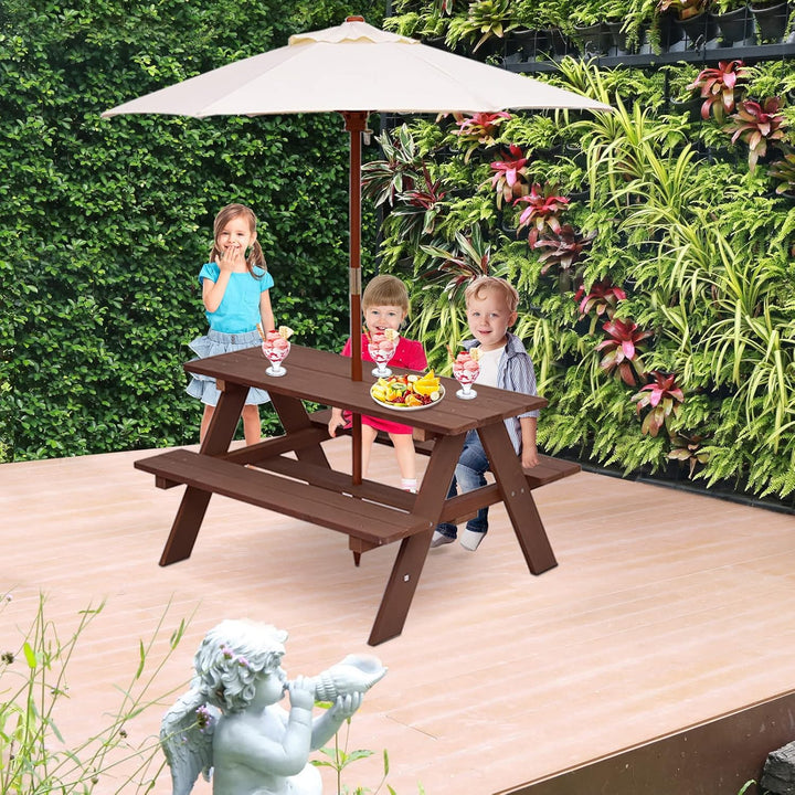 Kids Picnic Table, Fir Wood Kids Outdoor Table and Chairs with Removable Umbrella, Toddler Picnic Table for Patio, Backyard, Garden (Natural)