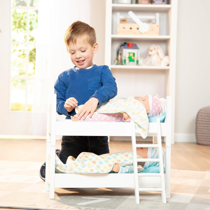 Mine to Love Wooden Play Bunk Bed for Dolls up to 18 Inches-Stuffed Animals - White (2 Beds, 17.4”H X 9.1”W X 20.7”L Assembled and Stacked)