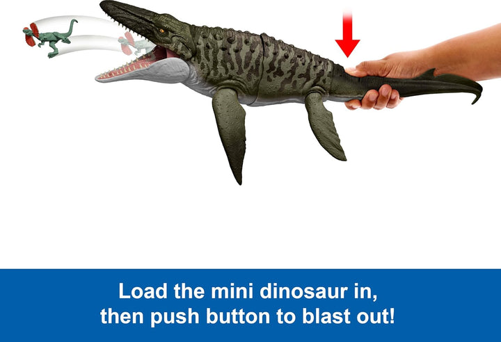 Jurassic World Rebirth Bite N Blast Mosasaurus Action Figure & Mini Dilophosaurus, Wide Jaw Dinosaur Toy, Movie-Accurate Posable, Digital Play