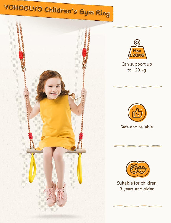 Trapeze Bar Swing Set Hanging Bar Rings for Kids 18" Wooden Swing Bar Heavy Duty Carabiner for Kids Backyard Outdoor Play