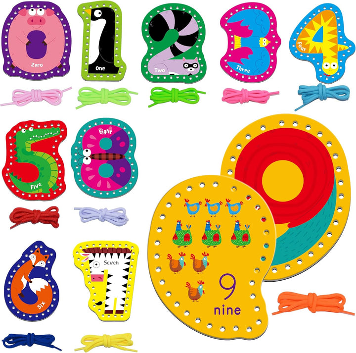 9 Pieces Kids Lacing Cards, Double Sided Sewing Cards in 9 Wild Animals with 9 Colorful Laces, Imagination Development Lacing Toys Games for Children Educational and Learning Activity