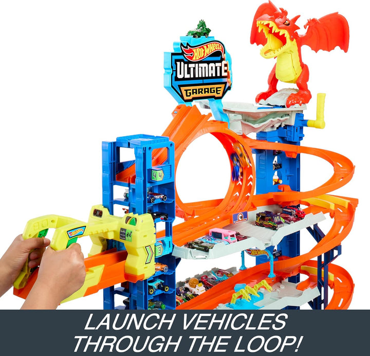 City Ultimate Garage Track Set with 2 Die-Cast Toy Cars & Car-Eating Dragon, Stores 50+ Vehicles, 4 Levels