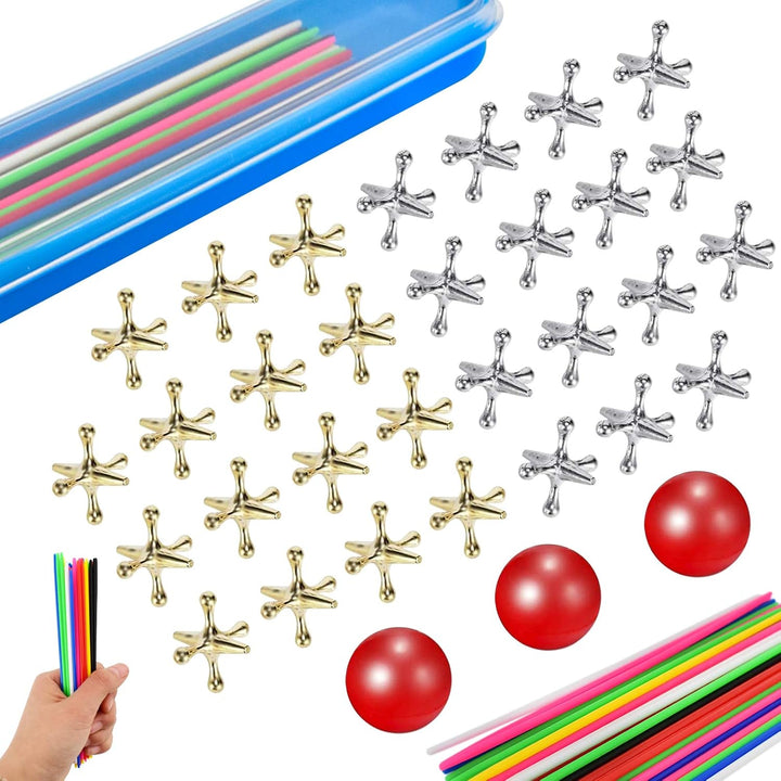 3 Sets Jacks Game and Pick up Sticks, 180 Pcs Sticks and 30 Pcs Metal Jax with 3 Pcs Red Rubber Balls, Classic Pick up Sticks Game for Kids Adults Family