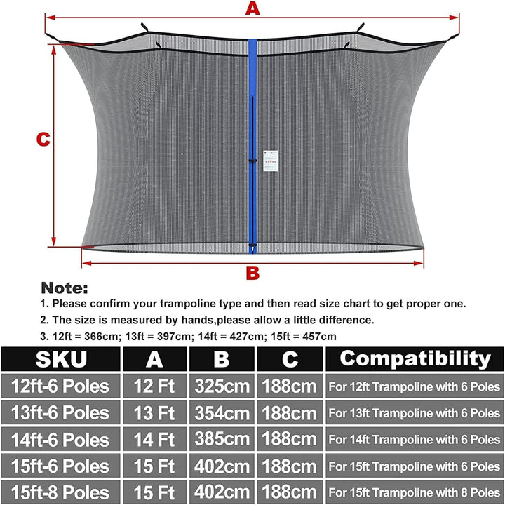 Trampoline Replacement Safety Net for 6 Straight Poles round Frame Trampolines, Breathable and Weather-Resistant, with Adjustable Straps, Zippers, Protection Buckles(Net Only)