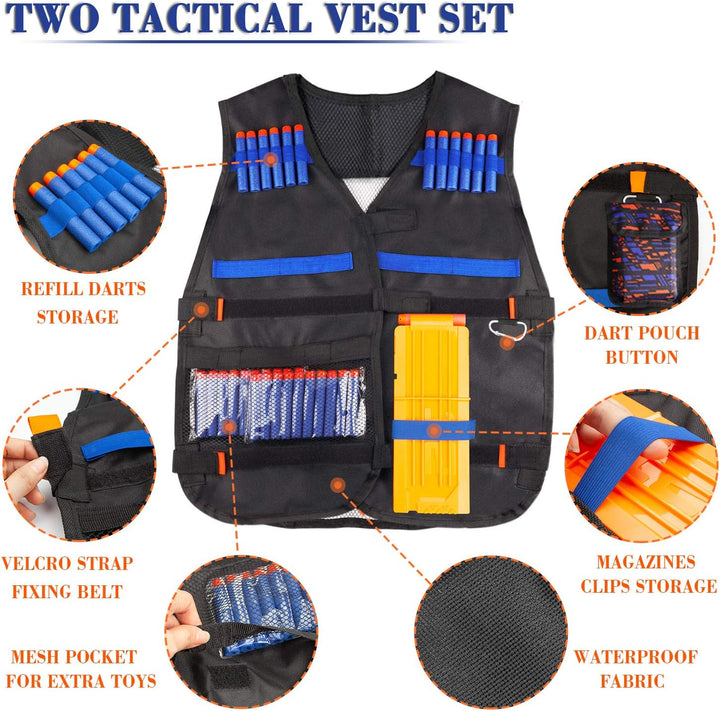 2 Pack Kids Tactical Vest Kit for Nerf Guns Game N-Strike Elite Series Wars with Refill Darts, Reload Clips, Dart Pouch, Tactical Mask, Wrist Band and Protective Glasses for Boys ,Girls