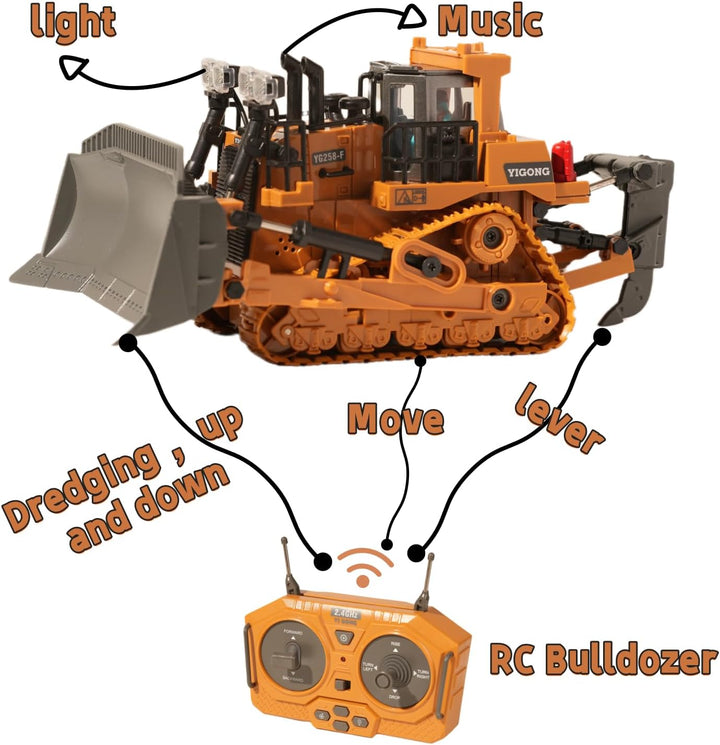 9-Channel Metal RC Bulldozer with Lights and Sound - Remote Control Heavy Equipment Construction Vehicles Dozer Toys for Adults Kids Boys Ages Year 3 4 5 6 7 8 9 10 11 12 13+