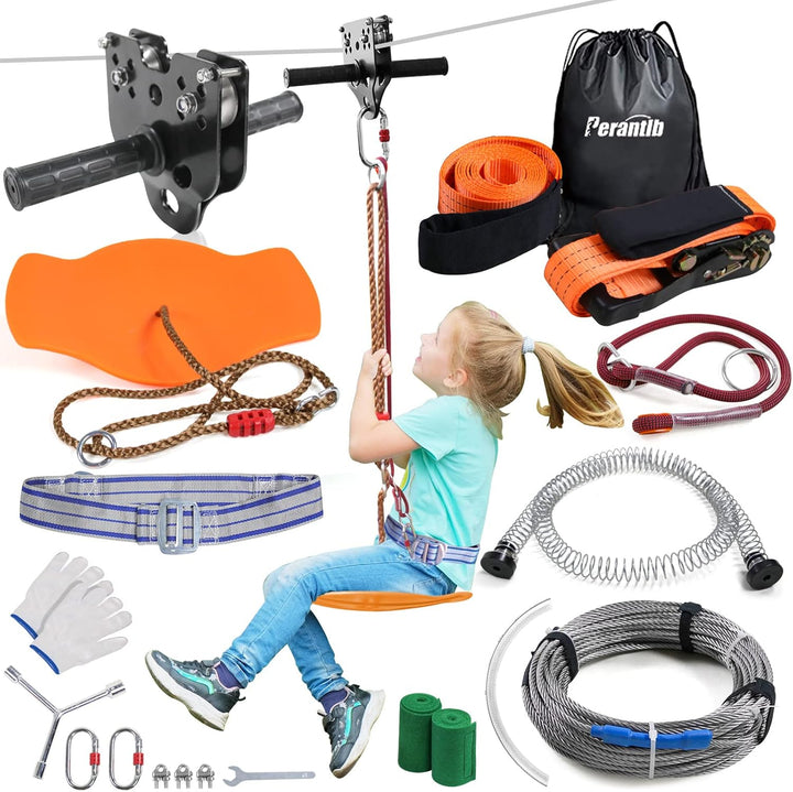 Zipline for Backyard Kids and Adults,Zipline Kits for Backyard with 100Ft Cable,6Ft Zipline Spring Brake and Belt,Zip Line Trolley with Handle,Seat and Bag