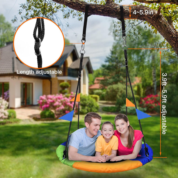 40 Inch Saucer Tree Swing Flying 900Lb Weight Capacity 2 Added Hanging Straps Adjustable Multi-Strand Ropes Colorful Safe and Durable Swing Seat for Children