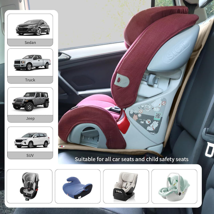 Car Seat Protector Leather Waterproof Child Safety Seat Protector Cover with Thick Pad and 2 Large Pockets Durable Kick Mat for All Auto Seat (Beige)