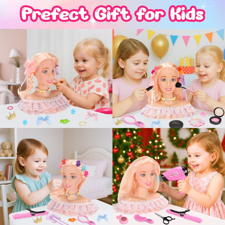 42PCS Pretend Play Hair Styling Doll Head Makeup Kit for Girl, Hair Makeup Salon Doll Toy Kid, with Hairdryer Curling Iron Eye Shadow Powder Hair Clip Set Birthday for 3+ Girl Year
