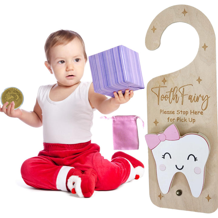 Tooth Fairy Door Hanger, Wooden Tooth Fairy Money Holder with Tooth Coins for Lost Tooth Kids Gifts (Pink)
