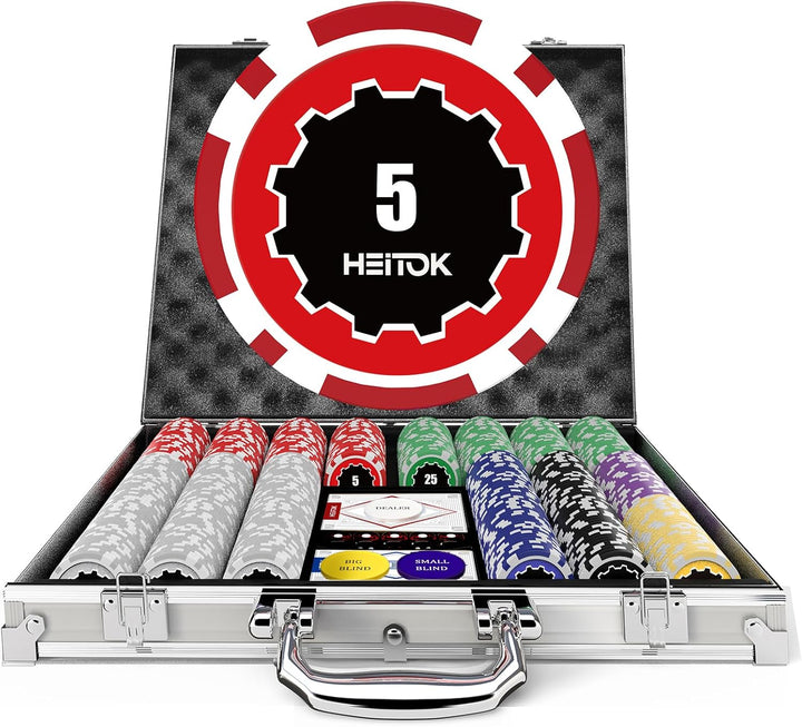 Poker Chips with Denominations, 300-Pcs 11.5G Weighted Numbered Casino Chips Set, 5 Dice, 2 Decks with Compact Aluminum Case for Texas Hold'Em, Blackjack, Age 8 and Plus