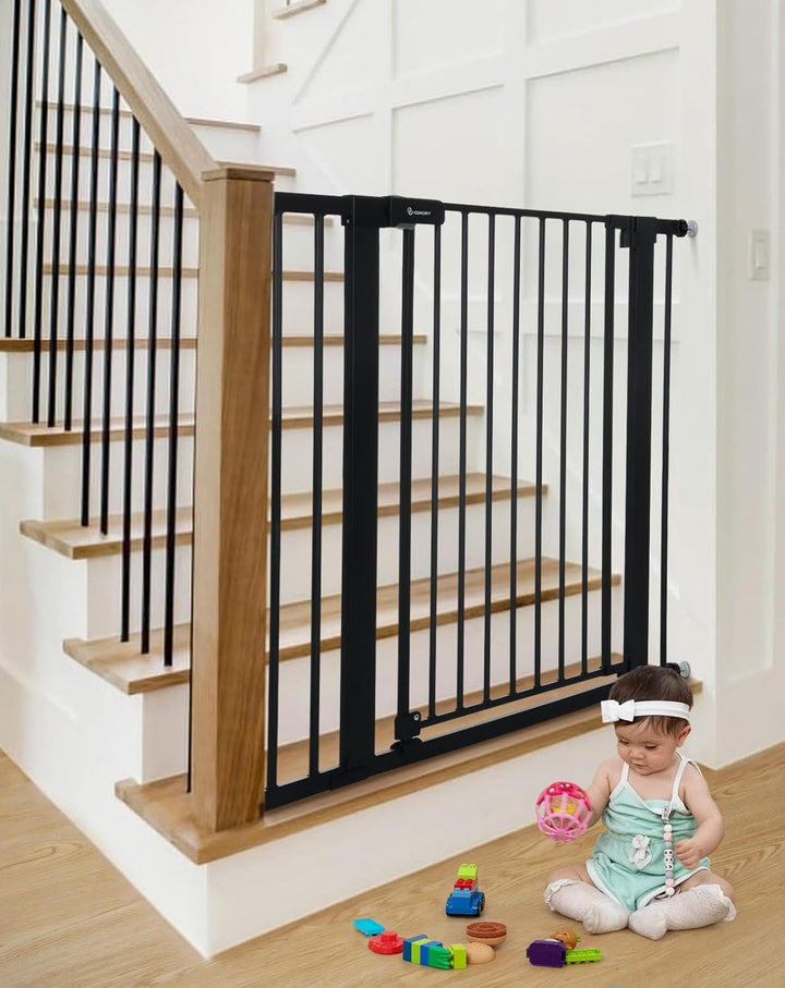 36" Extra Tall Baby Gate for Stairs and Doorways - Fits 29.5" to 48.8" Wide Openings, Auto Close Extra Wide Dog Gate for House, Pressure Mounted Easy Walk through Pet with Door, Black