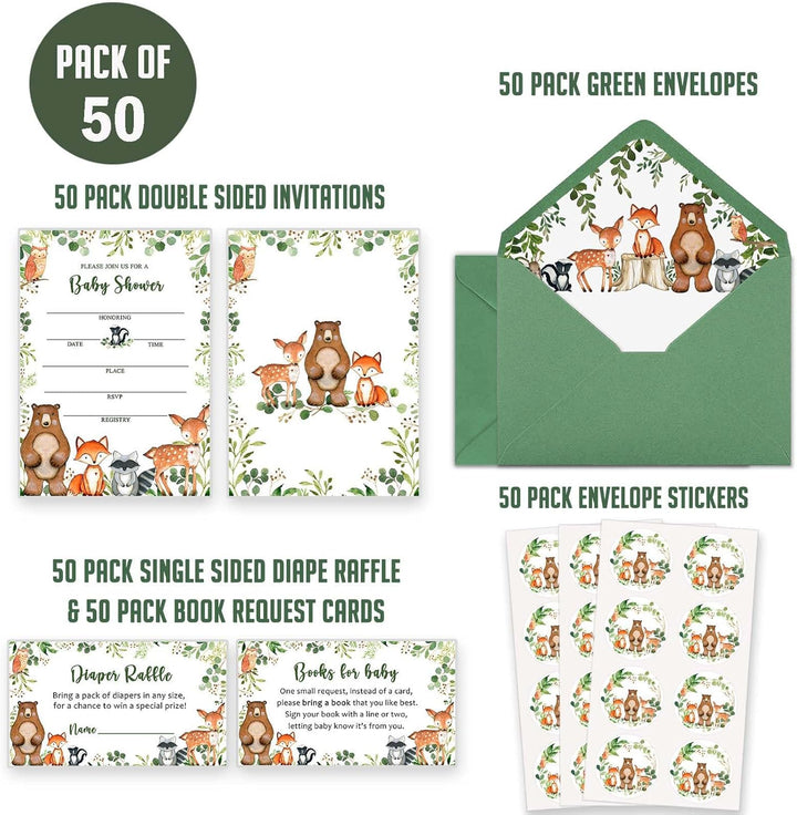 50 Woodland Baby Shower Invitations, Forest Woodland Greenery Invitations Macthing Envelpoes, Diaper Raffle Tickets, Book Request Cards, Forest Creatures Invitations