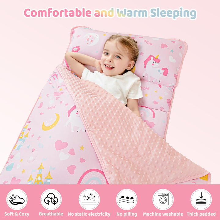 Toddler Kid Nap Mat for Preschool, Girls Pink Princess Slumber Bag, Daycare Sleeping Bag with Pillow and Blanket, Kindergarten Sleep Mat