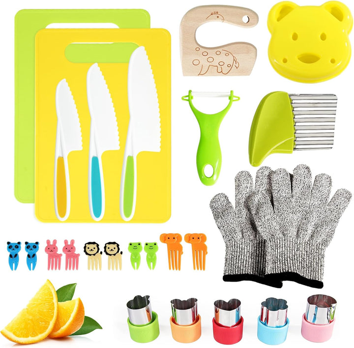 Kids Knife Set, 5 Pcs Montessori Kitchen Tools for Toddlers' Real Cooking, BPA Free Kids Safe Kitchen Cooking and Baking Set with Peeler, Cutting Board for Sandwich Bread Vegetable Fruit Present Gift