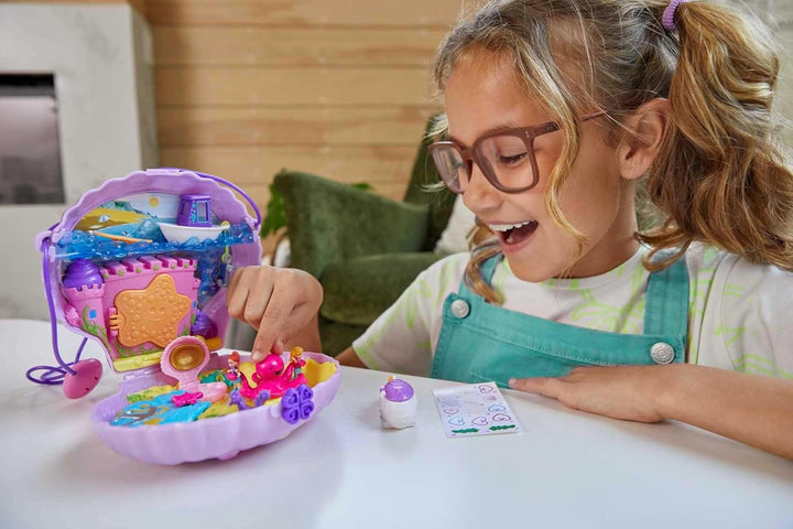 Tiny Power Seashell Purse Compact with Wearable Strap, Fun Under-The-Sea Features, Micro Polly and Lila Mermaid Dolls, 2 Accessories & Sticker Sheet; for Ages 4 Years Old & Up