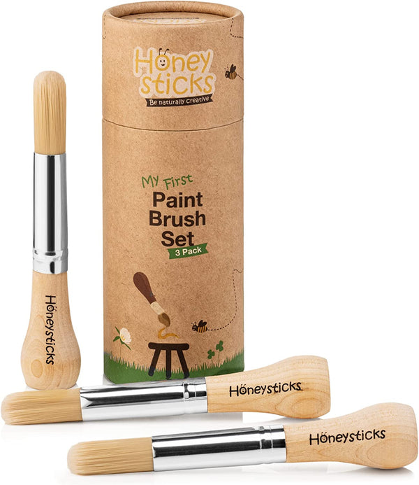 My First Paint Brush Set - 3 Pack: Ideal for Babies and Toddlers. Jumbo Brushes with Chubby Wood Handles for Easy Grip, Vegan. Includes Handy Storage Container