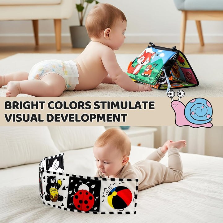 3PCS High Contrast Black & White Baby Toys - Tummy Time Mirror Infant Toys with Crinkle Cloth and Teether, Visual Stimulation Sensory Books for Newborns 0 3 6 12 Months, Shower Gift, Stocking Stuffers