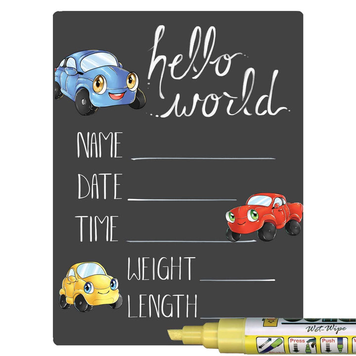 Hello World Newborn Baby Announcement Chalkboard Sign with Automobile Theme, 12 by 16 Inches, No Marker