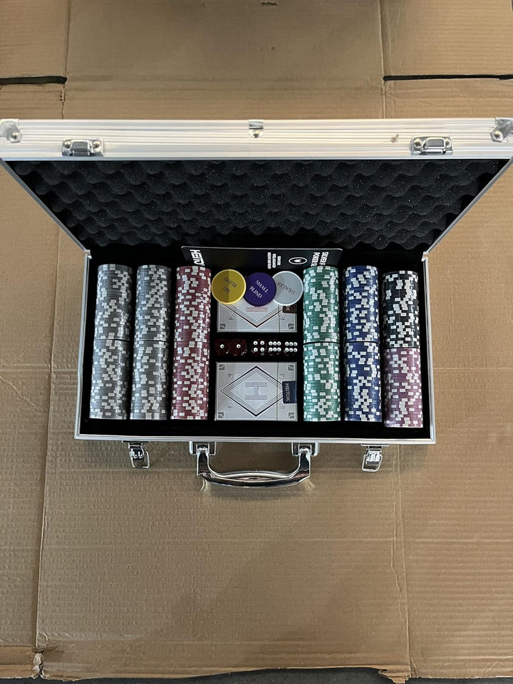 Poker Chips with Denominations, 300-Pcs 11.5G Weighted Numbered Casino Chips Set, 5 Dice, 2 Decks with Compact Aluminum Case for Texas Hold'Em, Blackjack, Age 8 and Plus