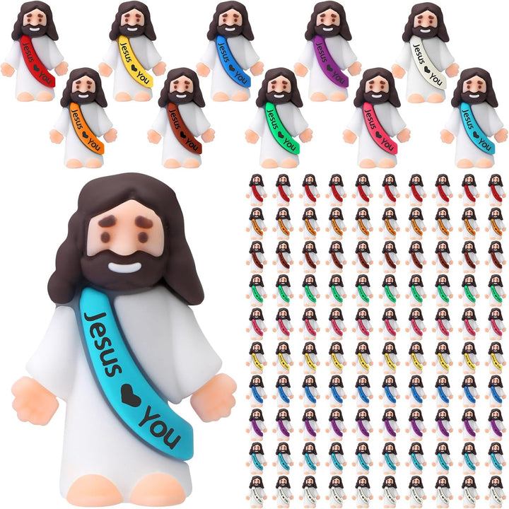 100 Pcs Little Jesus Figures Jesus Loves You Original Design Rubber Pocket Toys Little Figures to Hide and Seek Sunday School Religious Party Share Gifts(Vibrant Color)