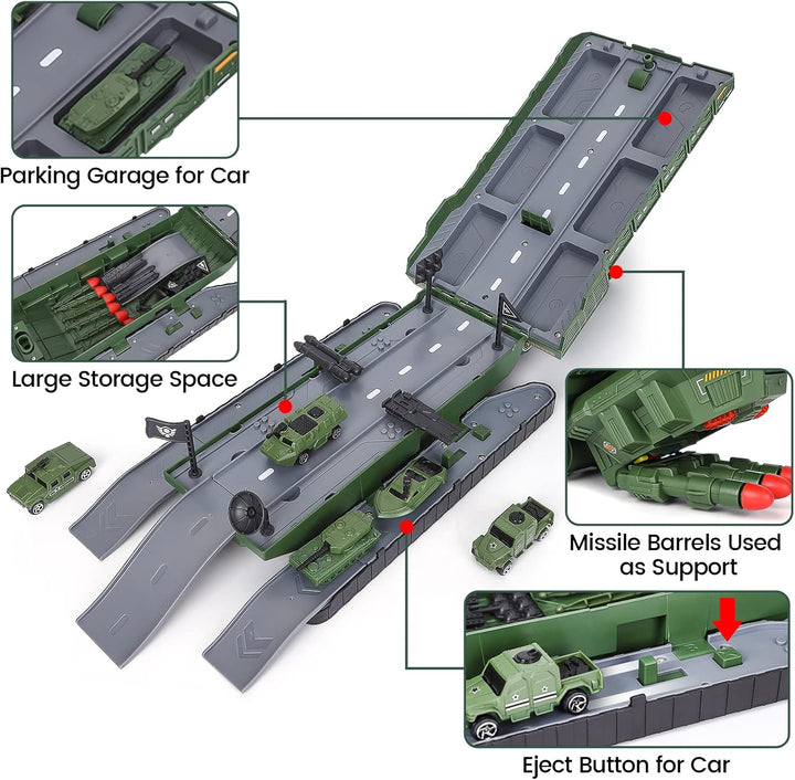 Tank Toys for 3 4 5 6 7 8 Year Old Boys - Army Toys Tank with 6PCS Alloy Die-Cast Army Vehicles, Kids Military Tank with Light, Sound & Missiles Shooting, Christmas Birthday Gift for Kids
