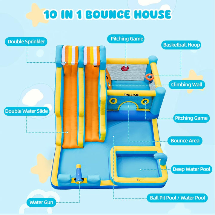 Inflatable Bounce House, 10 in 1 Double Water Slide Bounce House with 750W Blower, Climbing Wall, Jumping, Water Gun, Splash Pool, Basketball Hoop for Kids Indoor Outdoor Backyard
