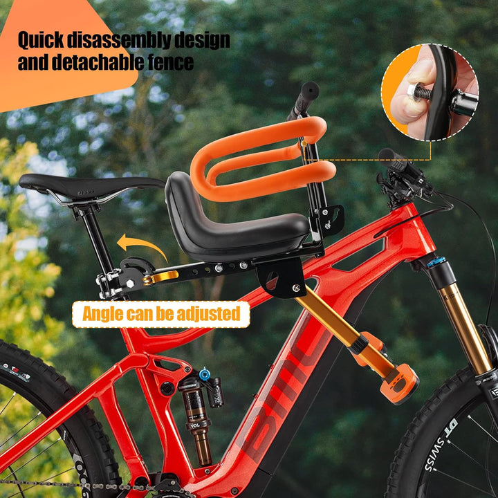 Kids Bike Seat with Handlebar Attachment, Detachable Front Mounted Child Bicycle Seats with Foot Pedals for Children 2~5 Years, Compatible with All Adult Mountain Bikes (Handle+Seat)