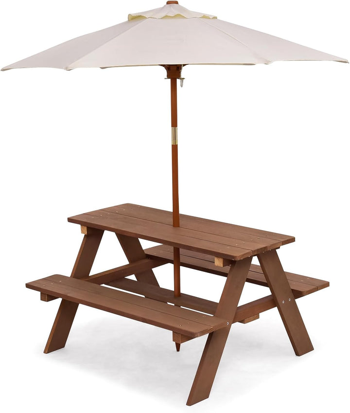 Kids Picnic Table, Wooden Childrens Table & Bench Set with Removable Umbrella, Kids Patio Furniture for Backyard, Garden, Kids Table and Chair Set for Outdoors (Natural)