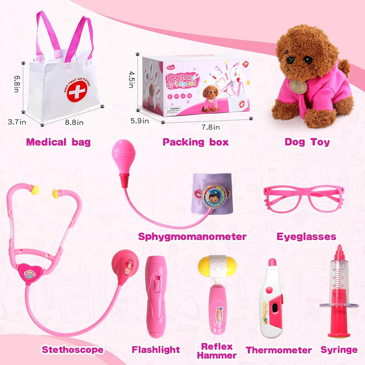 Doctor Kit for Toddlers 3-5, Kids Doctors Play Set with Plush Dog, Toy Stethoscope & Carrying Bag - Dress up Girl Toddler Toys for 2 3 4 Year Old Veterinarian Pretend Play Gifts (Pink)