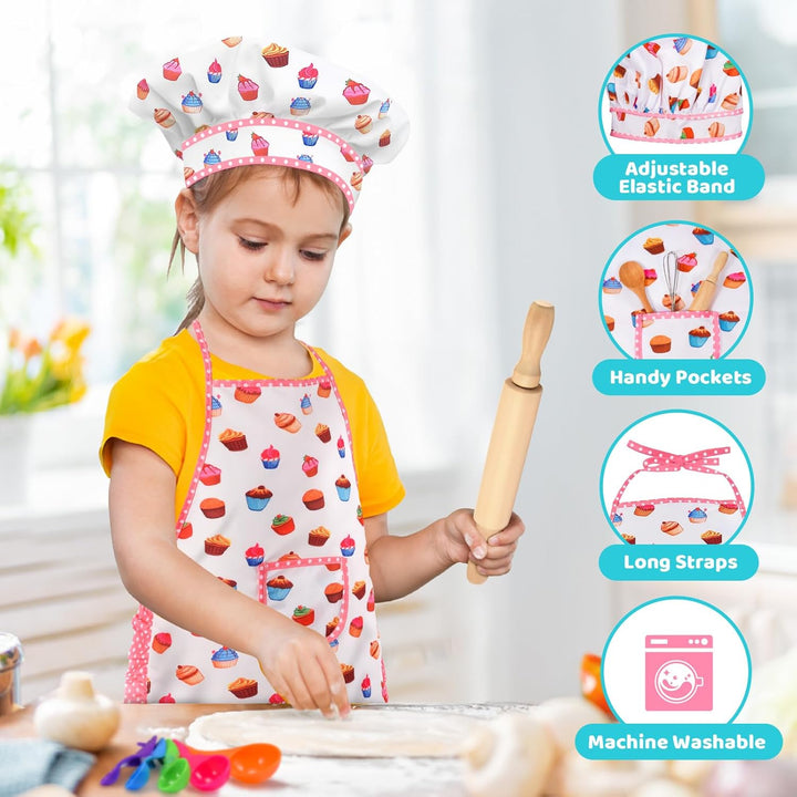 Birthday Gifts for 3-8 Year Old Girls Cute Stuff Apron for Girls Kids Cooking Sets Toddler Toys Kids Chef Hat and Apron Easter Christmas Stocking Stuffers White-With Cookbook