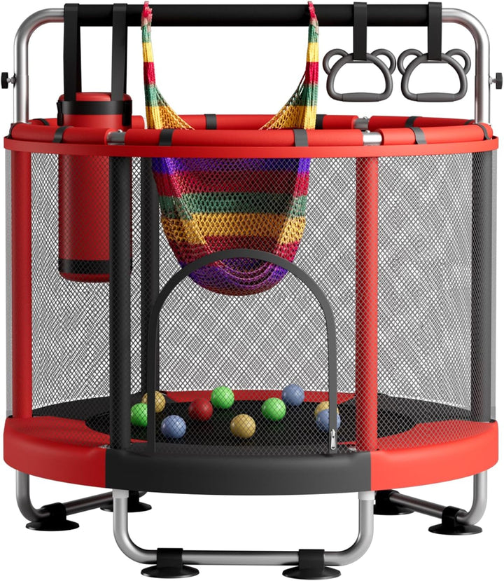 55" Trampoline for Kids with Enclosure, 440Lbs Capacity Indoor & Outdoor Toddler Trampoline with Adjustable Gymnastics Bar & Toys, for Boys & Girls