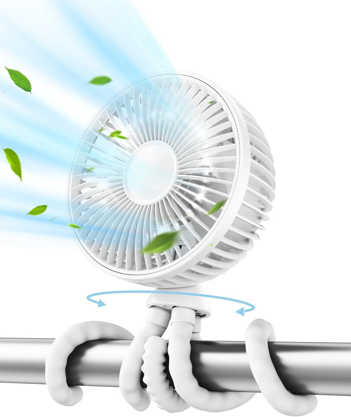 Baby Stroller Fan, 4000Mah Oscillating Mini Portable Fan with Light, 4 Speeds Battery Operated Small Handheld Desk Fan, 360° Rotate Flexible Tripod Clip on Fan for Car Seat Crib Travel Black