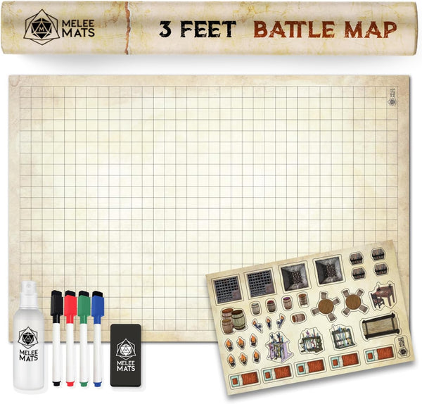 DND Map Starter Kit - 24” X 36", Wet/Dry Erase Battle Terrain Grid - Ultimate Tabletop Gaming Experience with Accessories