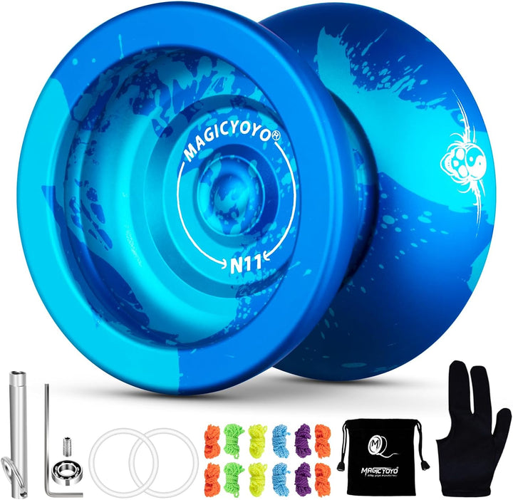 N11 Professional Unresponsive Yoyo N11 Dual Purpose Alloy Trick Yoyo Ball (Black with Golden) with Bag, Glove, 12 Yoyo Strings and Responsive Bearing Kit