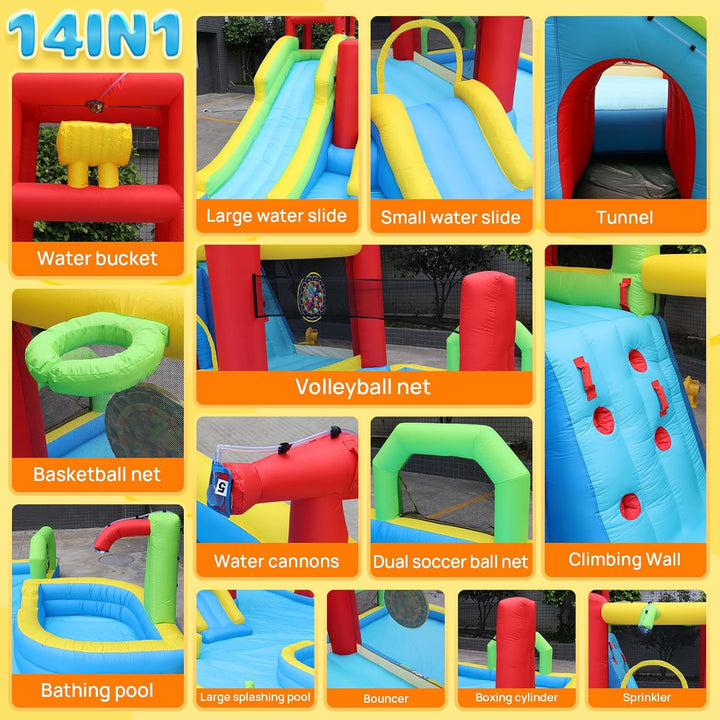 Inflatable Water Slides Park, Large Water Castle for Kids Fun Outdoor Jumping Inflatable Bouncers with Extra Large Pool and 2 Slides, 3 Types of Ball Games, Easy to Set up with Air Blower