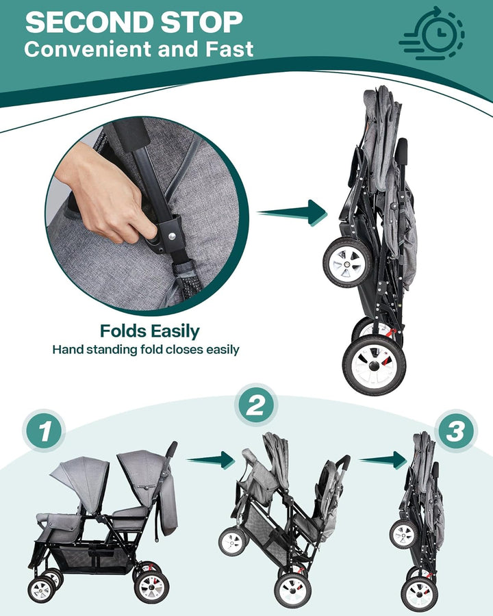 Double Stroller for Infant Toddler, Foldable Double Baby Stroller with Tandem Seating and Adjustable Backrest - Extra Gift Toys/Mosquito Net/Sleeping Mats/ 2 Hooks/ 2 Cotton Pads（Grey）