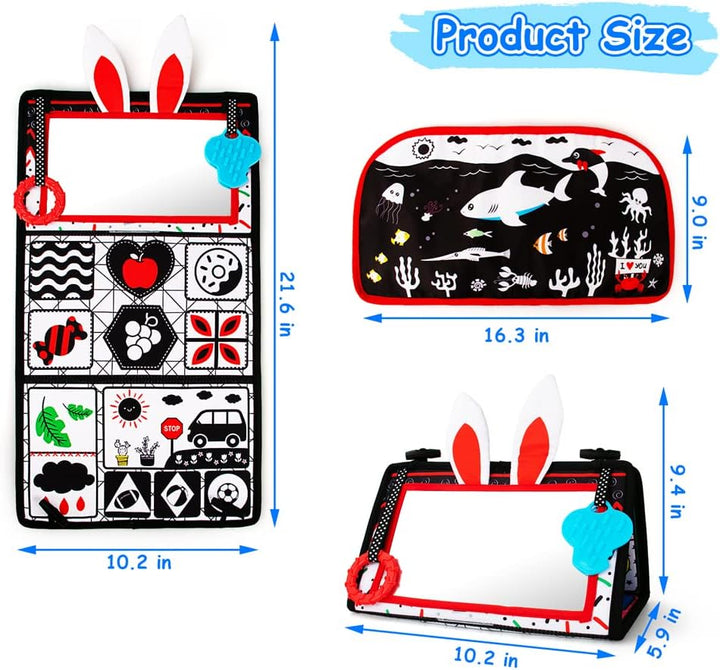 Tummy Time/Baby Mirror Toys, Black and White High Contrast Tabletop Mount Baby Newborn Toys 0 3 6 Months Brain Development, Sensory Texture Piano Infant Toys 0 3 6 Months with Squeaker