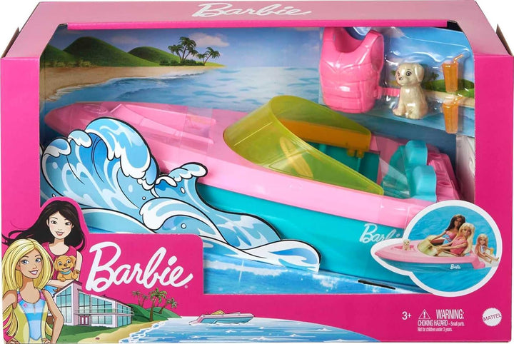 Toy Boat with Pet Puppy, Life Vest & Beverage Accessories, Fits 3 Dolls & Floats in Water