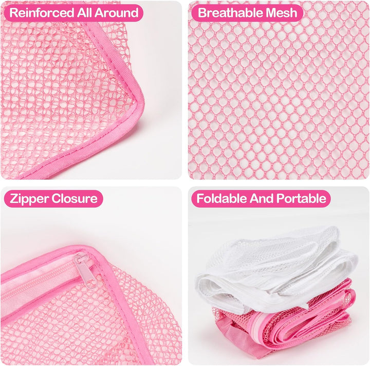 2 PCS Ball Pit Balls Bags - Storage Mesh Bag with Zipper Suitable for Toys,Sturdy and Durable,Large Size 17.7 X 11.8 X 13.7 Inches, Pink & White(Only Storage Bag,No Ball)