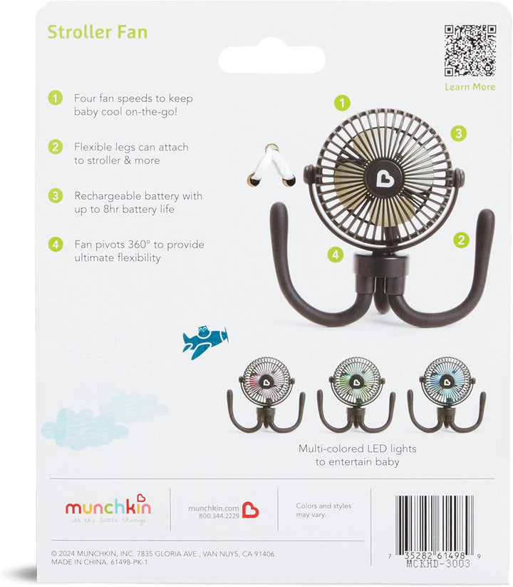 Stroller Fan - Portable Fan for Travel, Baby Gear Accessory with 4 Speeds, Flexible Clip-On Leg Attachment, Rechargeable Battery, Black with Multicolored LED Lights