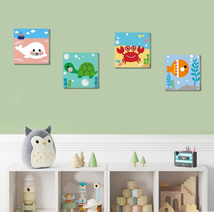 4 Pack Framed Paint by Numbers Kit for Kids,Cute Sea Animals Painting Kits for Ages 4-6,Easy Paint by Number Kids Paint for Beginner,Diy Acrylic Oil Painting Kit for Wall Decor(8X8Inch)